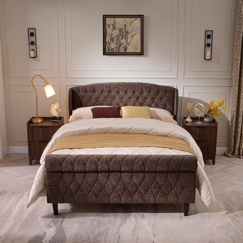 BedsPick Sleigh Queen Bed Frame with Wingback Headboard, Chenille Upholstered...