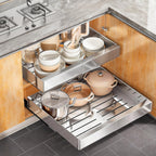 Pull out Cabinet Organizer, Stainless Steel Expandable(12"-20") Heavy Duty Slide out Drawers Fixed with Adhesive Nano Film for Pots, Roll out Shelf Storage for Kitchen Base(Silver-2pcs)(3 Rails)