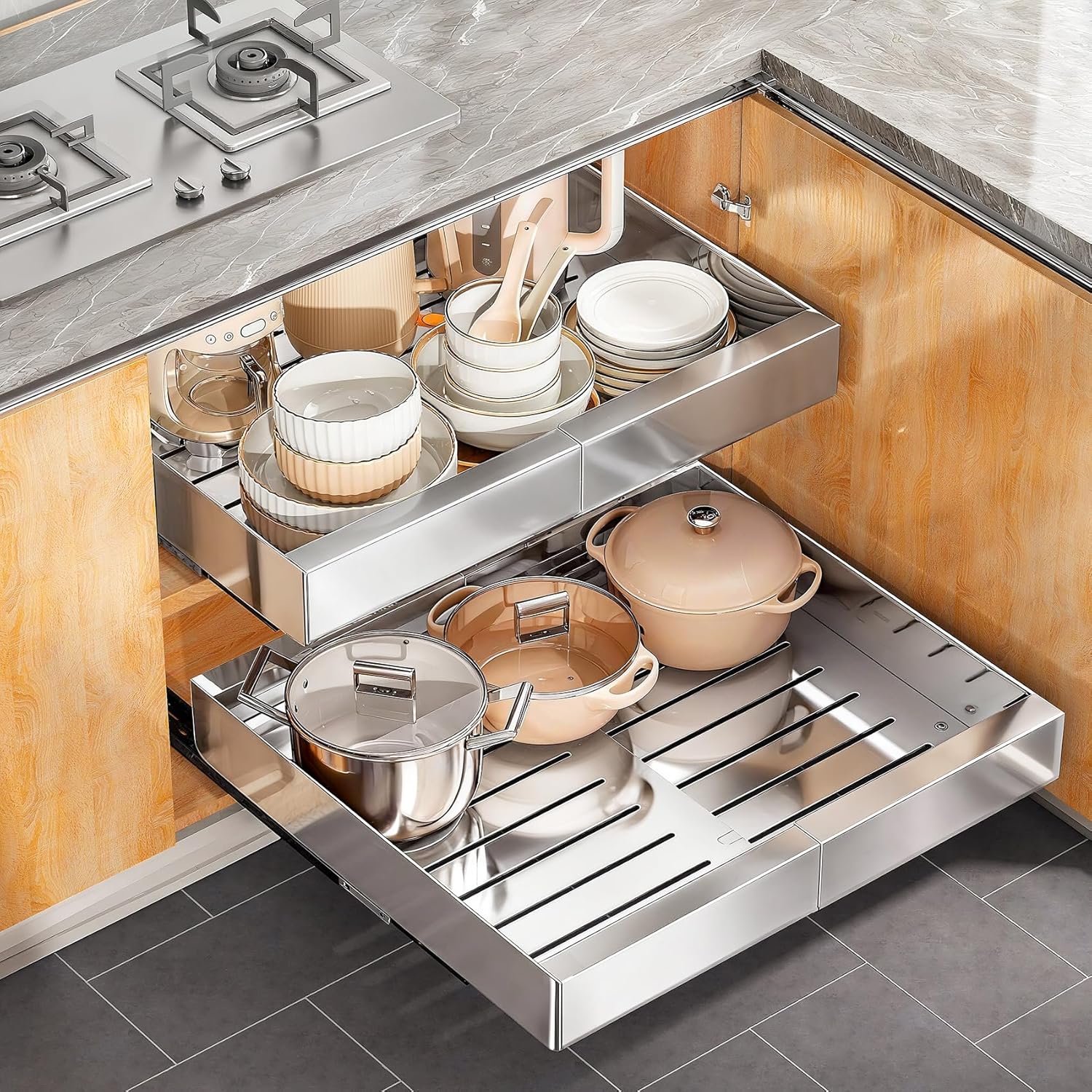 Pull out Cabinet Organizer, Stainless Steel Expandable(12"-20") Heavy Duty Slide out Drawers Fixed with Adhesive Nano Film for Pots, Roll out Shelf Storage for Kitchen Base(Silver-2pcs)(3 Rails)