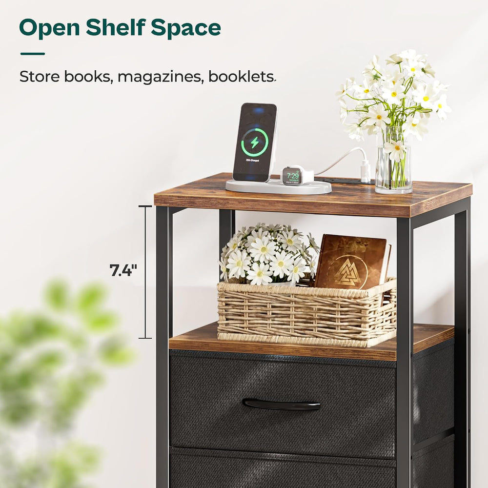 Huuger Nightstand with Charging Station, Side Table with Fabric Drawers, End ...