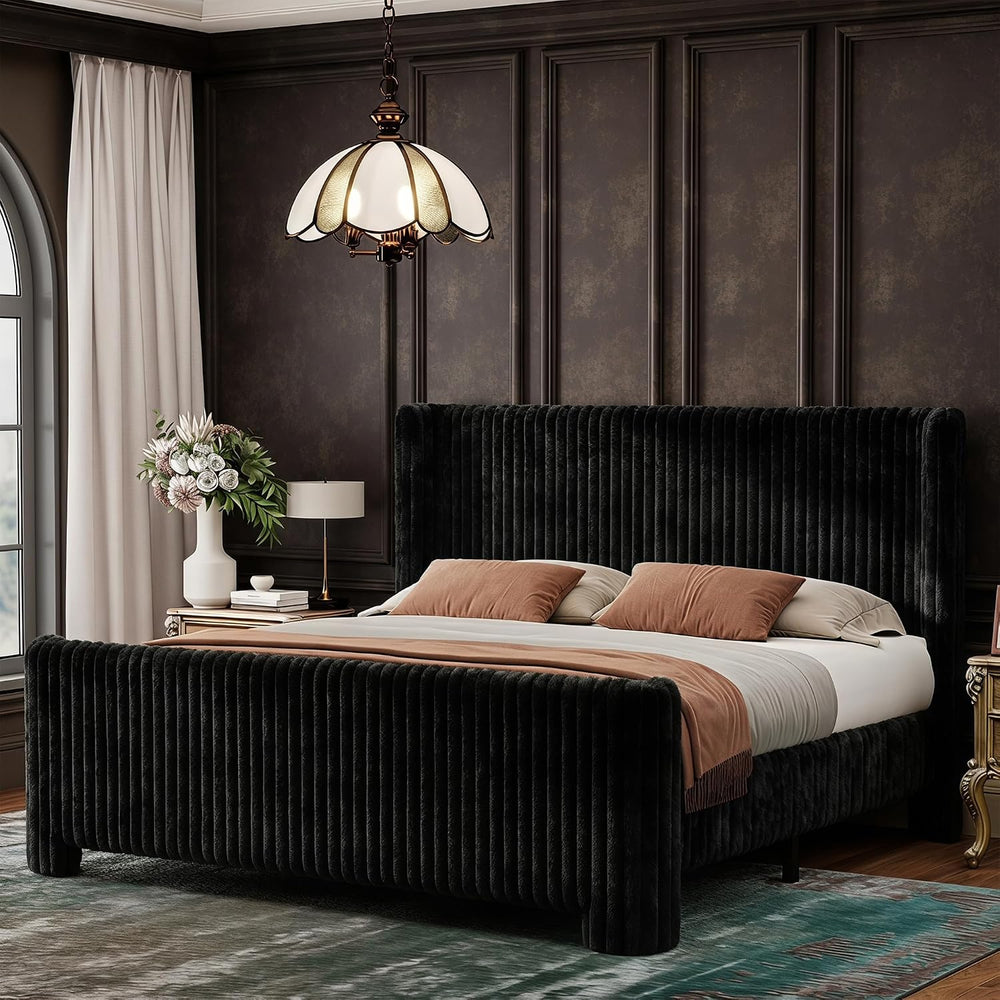 King Bed Frame with Faux Fur Upholstered Curved Wingback Headboard & Foot...
