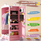 Kids Dress Up Wardrobe with Light-Up Full-Length Mirror & Jewelry Cabinet, Wooden Princess Pretend Play Armoire Closet with Crown Top and Storage for Girls Room (Pink)