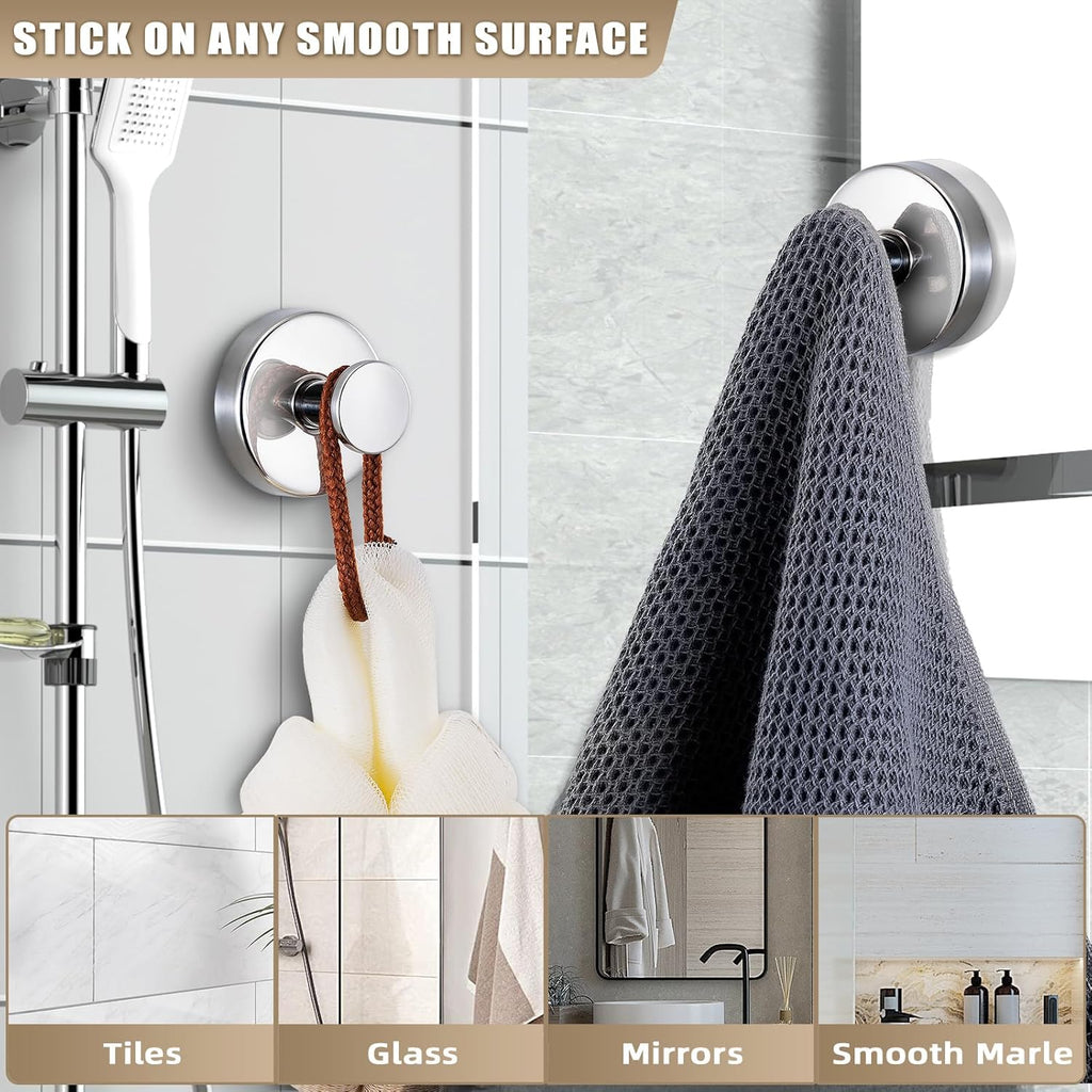 Suction Cup Hooks for Shower No-Drill Bathroom Hooks for Towels, Robes, Loofah Mountable on Bathroom Walls, Kitchen, Glass, Mirrors,Tile,Smooth Non-Porous Surfaces,Removable,4pcs,Chrome Polished