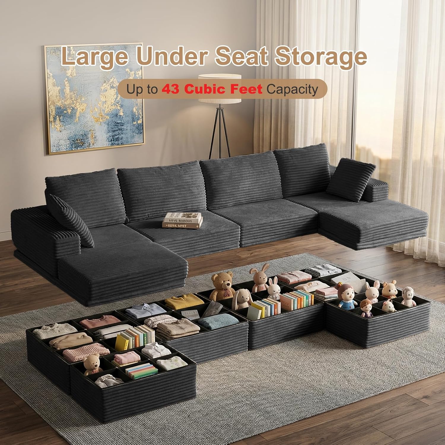 142'' Modular Sectional Sofa, Deep Seat Boneless Couch with Storage | Oversized High-Back for Living Room & RV | With Ottoman | High Density Foam & Corduroy | Tool-Free Assembly | Cozy Dark Gray