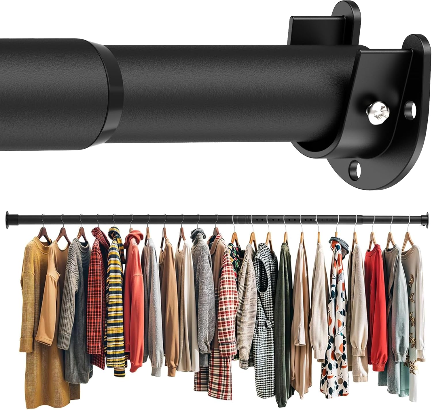 Closet Rod 50-99 Inches, Adjustable Heavy Duty Metal Black Closet Rods for Hanging Clothes 1.3 Inches Diameter for Wardrobes Laundry