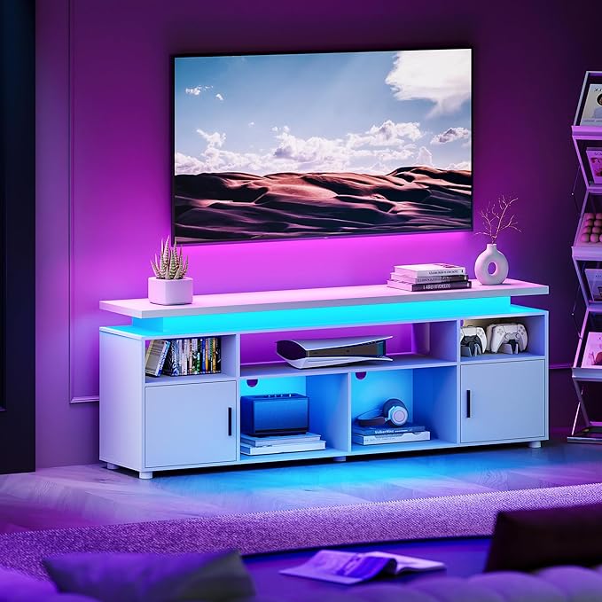 SUNCOZE TV Stand, Entertainment Center with LED Lights and Cabinet for 70/75/80 Inch, Modern TV Console Gaming Media Television Stands with Power Outlets for PS5 in Living Room and Bedroom, White
