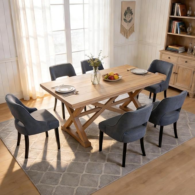 ClinQ Wooden Dining Chairs Set of 6, Modern Fabric Upholstered Kitchen Chairs Dining Chair, Mid Century Modern Chair for Dining Room, Farmhouse Kitchen Chairs for Kitchen Dining Room, Navy-Black Legs