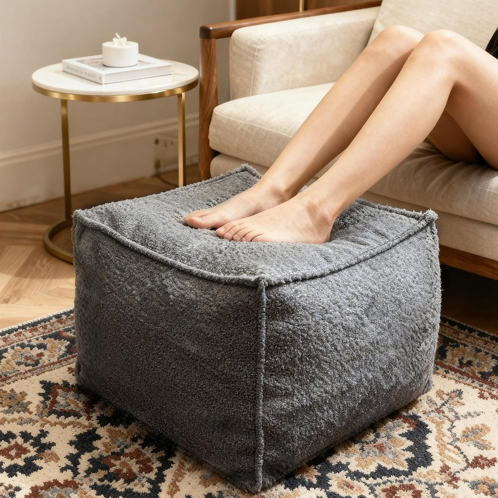 Square Boucle Pouf Ottoman Footrest, Soft & Lightweight Footstool with Fo...