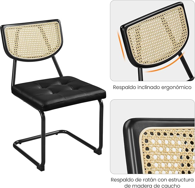 Yaheetech Rattan Dining Chairs Set of 4 Mid Century Modern Dining Room Chairs with Chrome Legs and Rattan Back for Home Kitchen, Faux Leather, Black