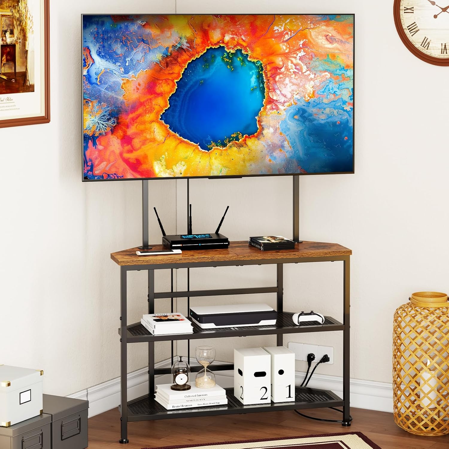 23" to 60" Floor Corner TV Stand For Bedroom With Mount, Universal Corner TV Desk Table With Storage Shelves For Bedroom Small Space,Rustic Television Stands Desk,Heavy Duty Structure,Adjustable Feet
