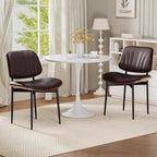 Dining Chairs Set of 6, Mid-Century Modern Upholstered PU Leather Chairs with Walnut Bentwood Back and Metal Legs Adjustable Feet for Kitchen Dining Room, Dark Brown Shell Strips