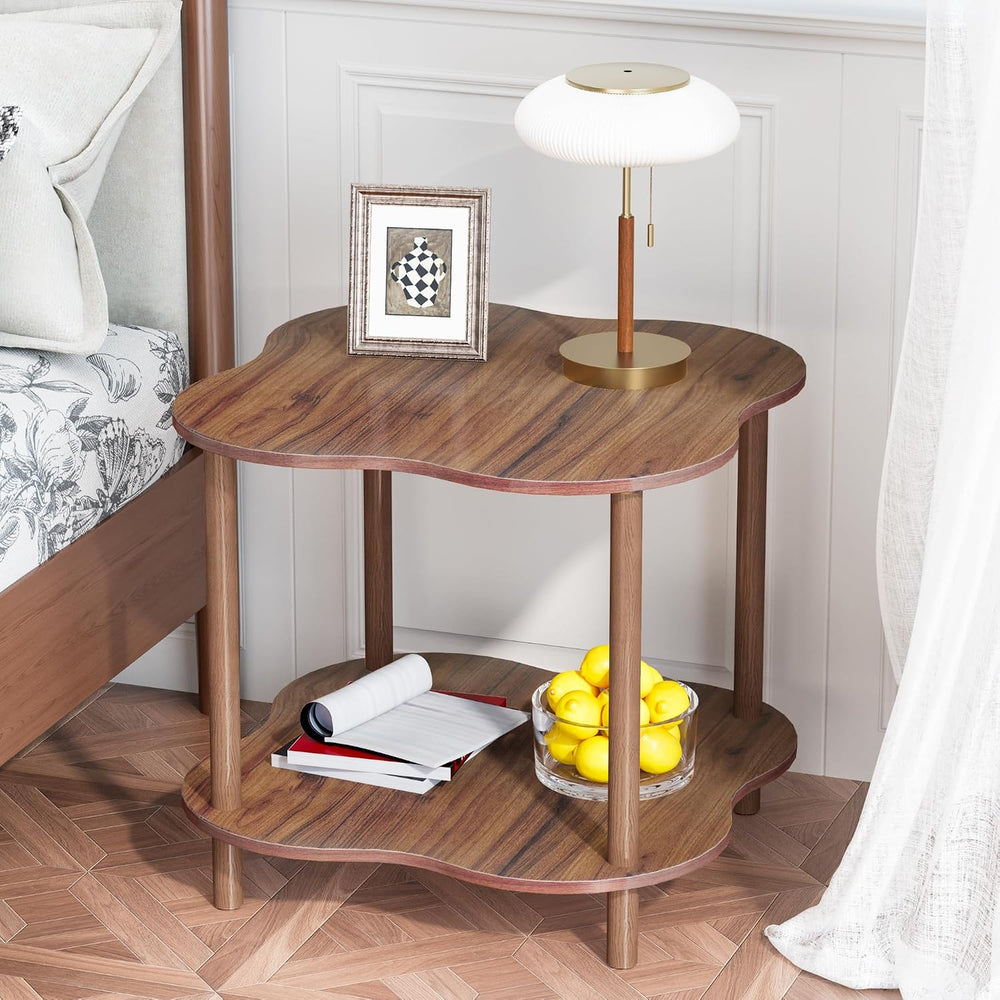 Flower Shape End Table - 2-Tier Walnut Wood Color Coffee Tables, Modern Woode...