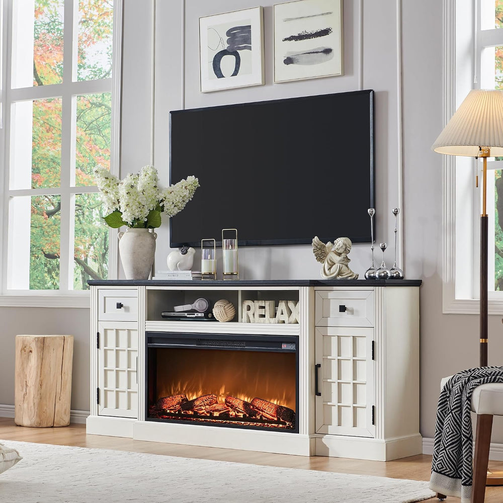 JXQTLINGMU Farmhouse 70" Fireplace TV Stand for 80" TV, Off White |...