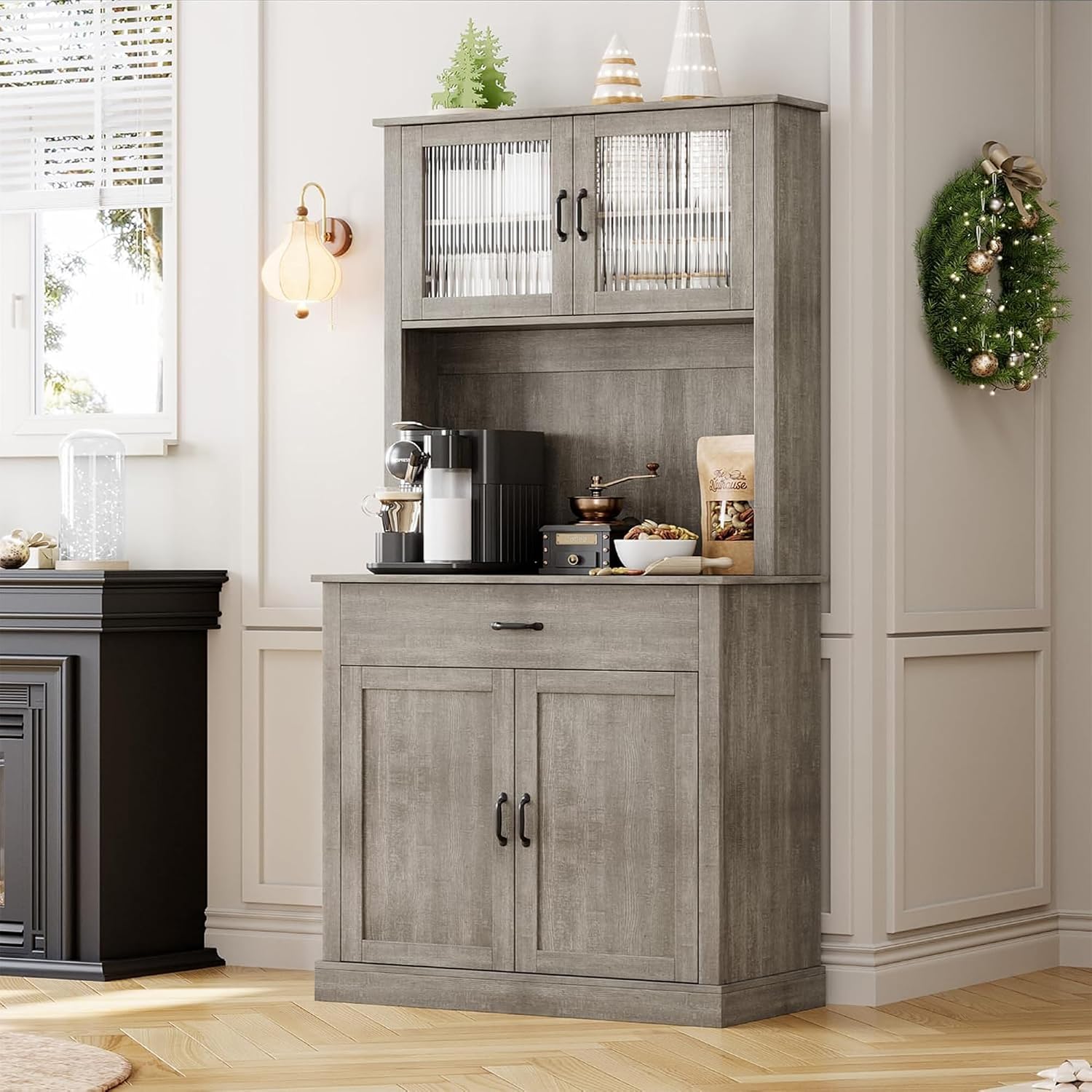 71” Kitchen Pantry Storage Cabinet with Glass Doors and Microwave Stand, Freestanding Tall Kitchen Cabinet with Adjustable Shelves for Dining Room, Grey