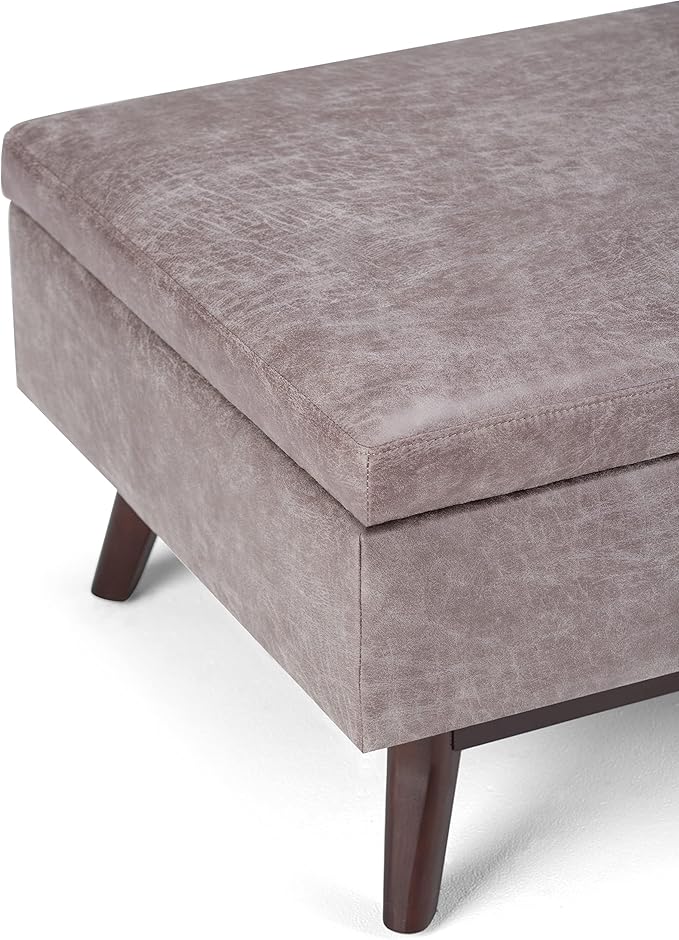 SIMPLIHOME Owen 34 inch Wide Mid Century Modern Rectangle Coffee Table Storage Ottoman in Distressed Grey Taupe Vegan Faux Leather, Assembled, for the Living Room, Entryway and Family Room