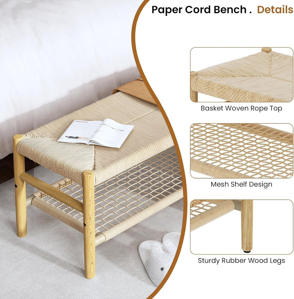 Recaceik Indoor Entryway Bench with Paper Cord Ottoman & Grid Storage Rac...