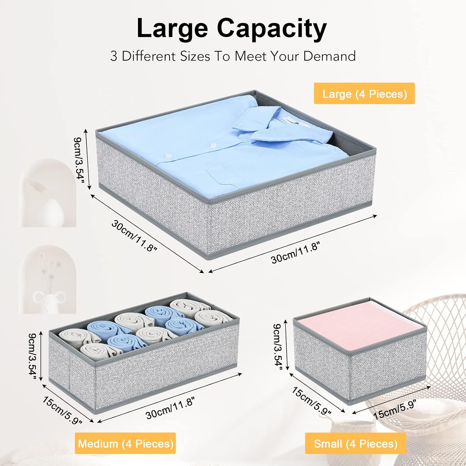 DIMJ Drawer Organizers - 12 Pack Foldable Closet & Sock Organizers, Fabric Dresser Drawer Dividers for Clothes, Underwear, Bras, Socks
