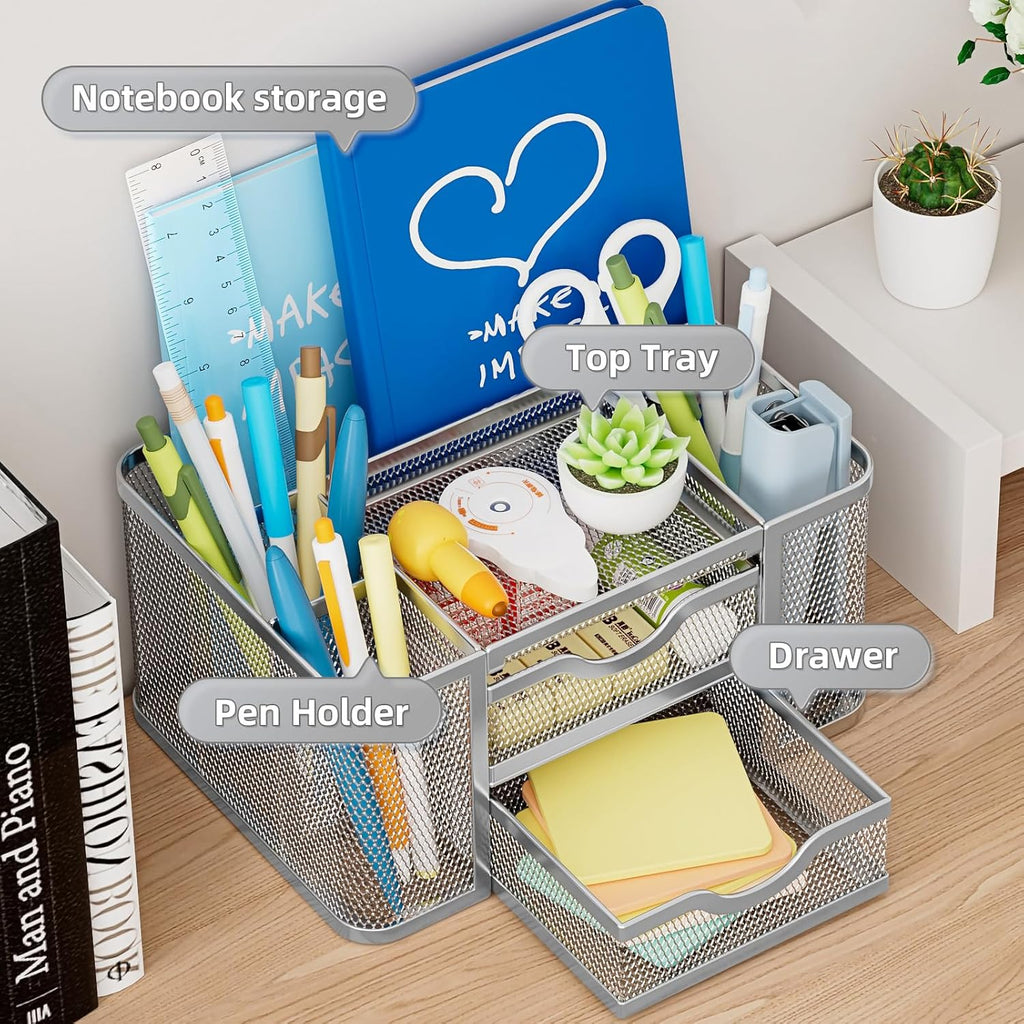 Marbrasse Mesh Desk Organizer, Pen Organizer with 2 Drawer, Multi-Functional Pencil Holder, Desk Organizers and Accessories with 5 Compartments + Drawer for Office Art Supplies (Silver)