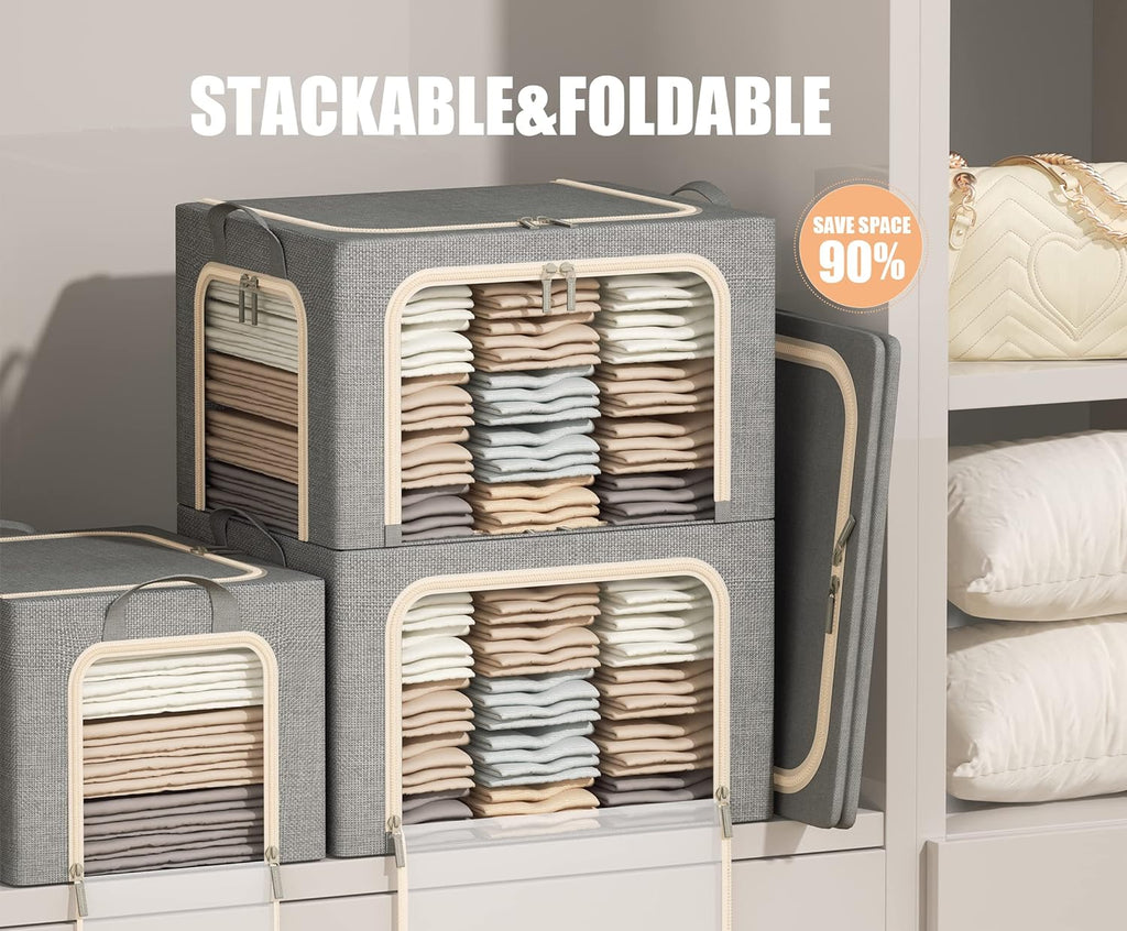 3 Opeings Large Clothes Storage Bins with Metal Frame, Foldable Storage Bin for Clothes, Clothing Storage Bins with Lid, Linen Storage Box With Clear Window＆ Zippers＆ Handles.(3 Pcs,Light Grey,66L)