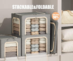 3 Opeings Large Clothes Storage Bins with Metal Frame, Foldable Storage Bin for Clothes, Clothing Storage Bins with Lid, Linen Storage Box With Clear Window＆ Zippers＆ Handles.(3 Pcs,Light Grey,66L)