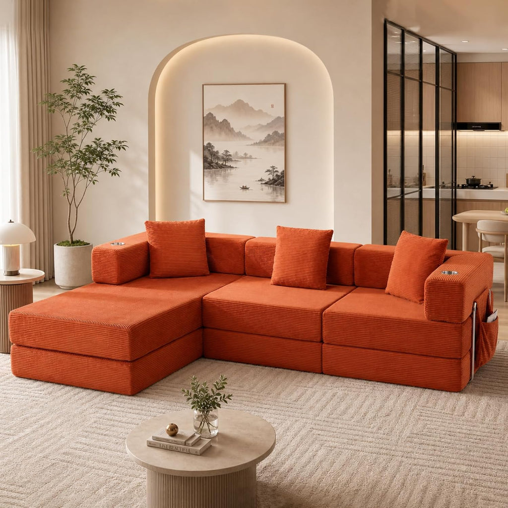 Modular Sectional Sofa, 108" L-Shaped Couch with Deep Seat | Corduroy Boneless Cloud Cushion,Modular Sofa Bed with Fixed-Shape Frame for Living Room No Assembly Required (Orange)