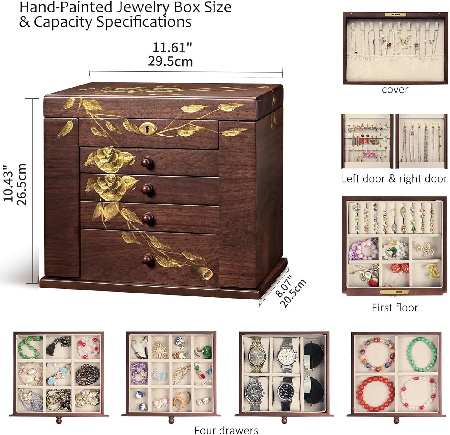 Hand-Painted Wooden Jewelry Boxes for Women - 8-Layer Large Lockable Jewelry Box with Compartments, Dresser Top Jewelry Organizer, Vintage Wooden Jewelry Storage