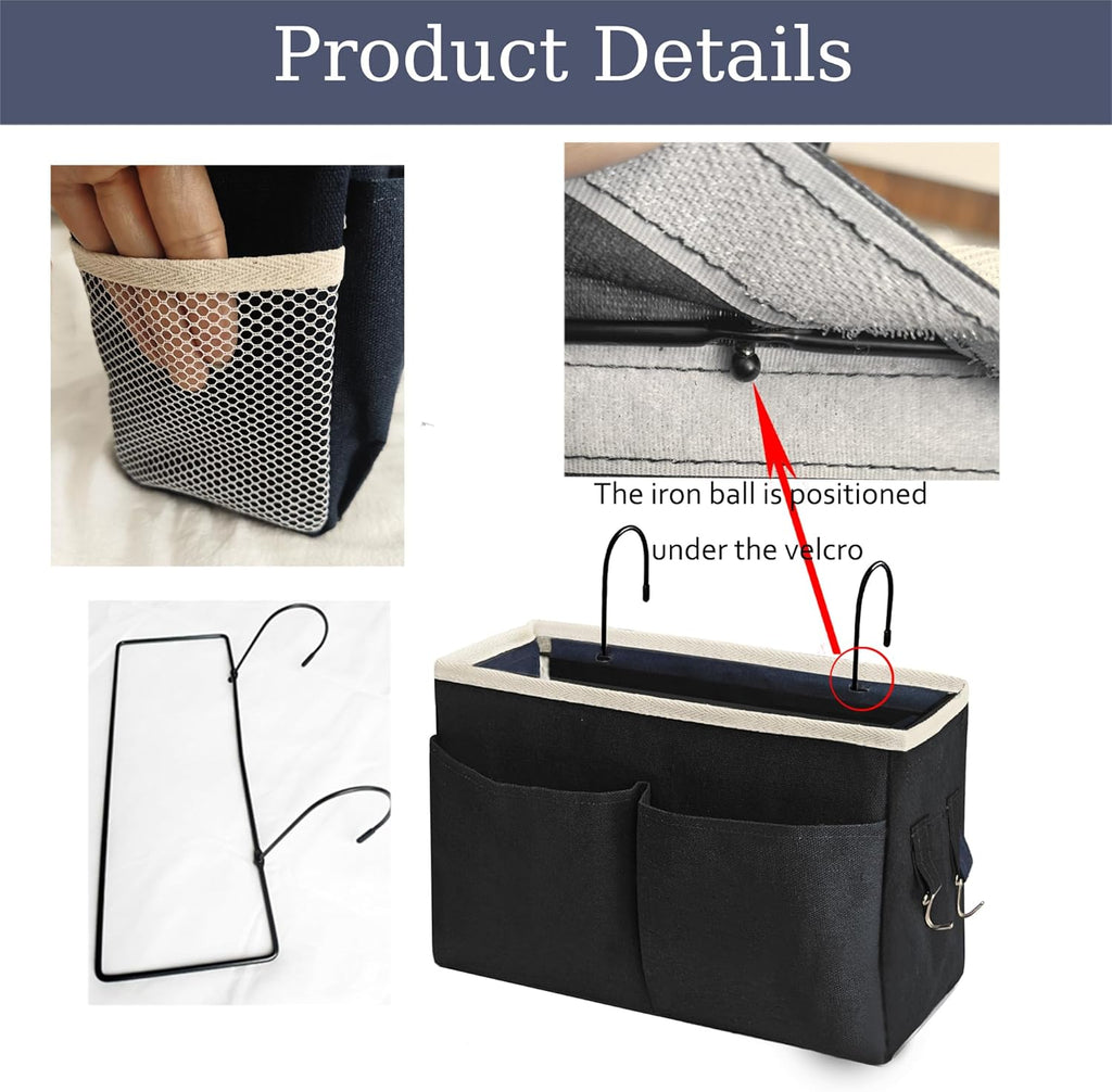Bedside Caddy Bedside Hanging Storage Basket Multi-Function Organizer Caddy for Bunk and Hospital Beds Dorm Rooms Bed Rails, Can be Placed Glasses Books Mobile Phones（Black）