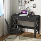 ChooChoo Computer Desk with USB Charging Ports and Power Outlets, 39" Black Desk with Drawers, Small Study Writing Table with Stable X Frame for Home Office