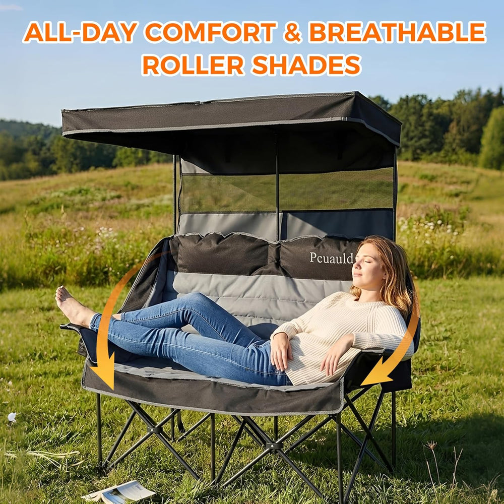 Double Camping Chair with Canopy Heavy Duty 2 Person Folding Loveseat Beach C...