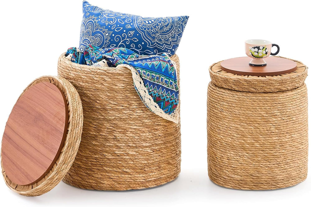 Round Storage Pouf Ottoman Hand Weaving Natural Boho Straw Footstool Pouffe |...