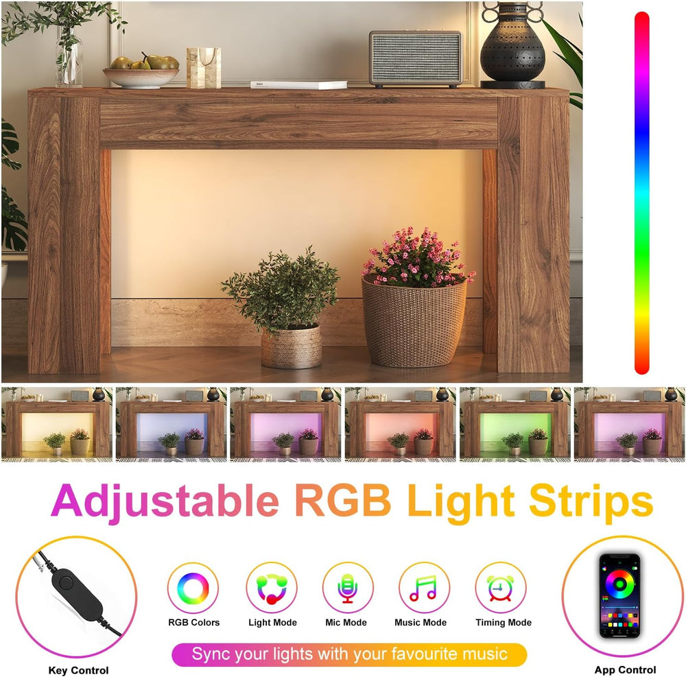 knoworld 63-Inch Long Console Table with LED Light, Farmhouse Sofa Table Behi...