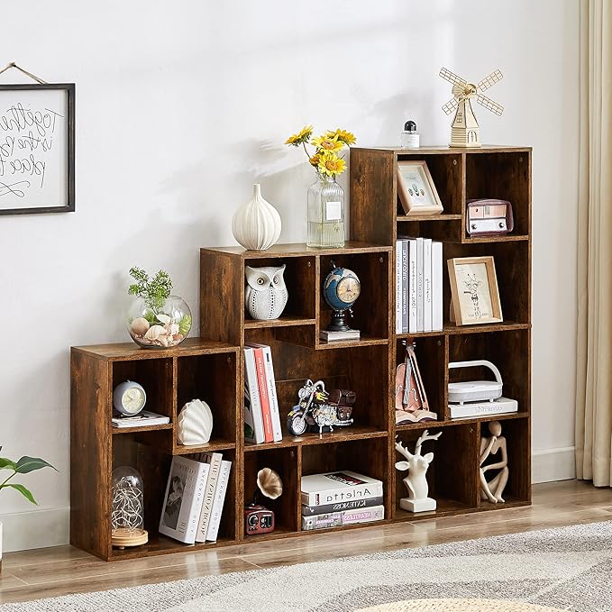 VECELO 4-Tier Modern Bookcase, 42 Inch High Storage Cabinet with Height Difference Shelves for Standard Textbooks, Floor Standing Display, 7 Cubes, Horizontal Avaiable, Easy Assembly, Rustic Brown
