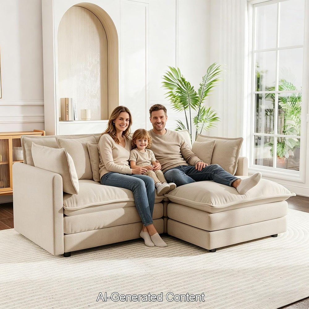 GNIXUU 76.7" Camel Small L Shaped Cloud Couch Loveseat Sofa with Ottoman...