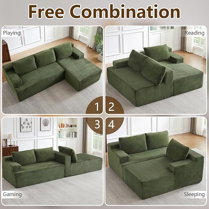96.1" Modular Sectional Sofa Couches L-Shape Couch 3 Seat Modular Sofa Corduroy Memory Foam Sectional Boneless Couches for Living Room, Cloud Couch with Oversized Chaise(Green, Right Facing)