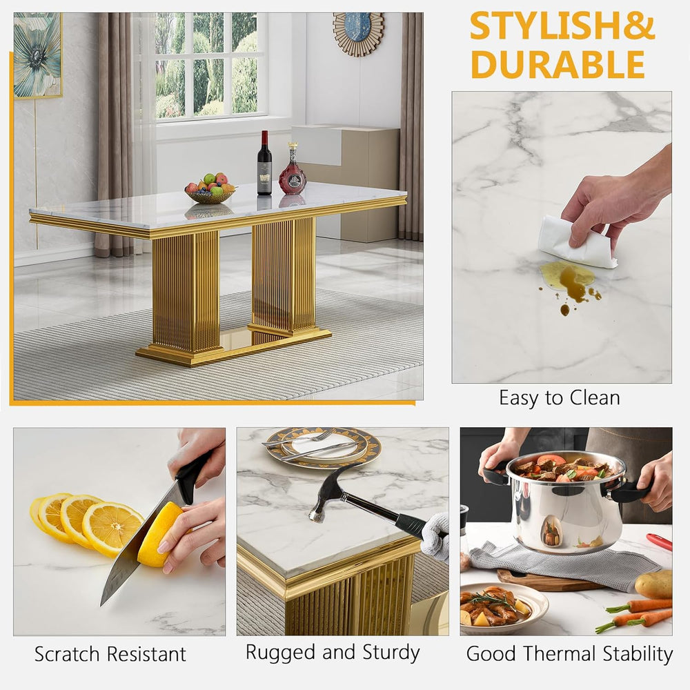 68 in Faux Marble Dining Table for 4-6, White Marble Dining Table with Gold S...