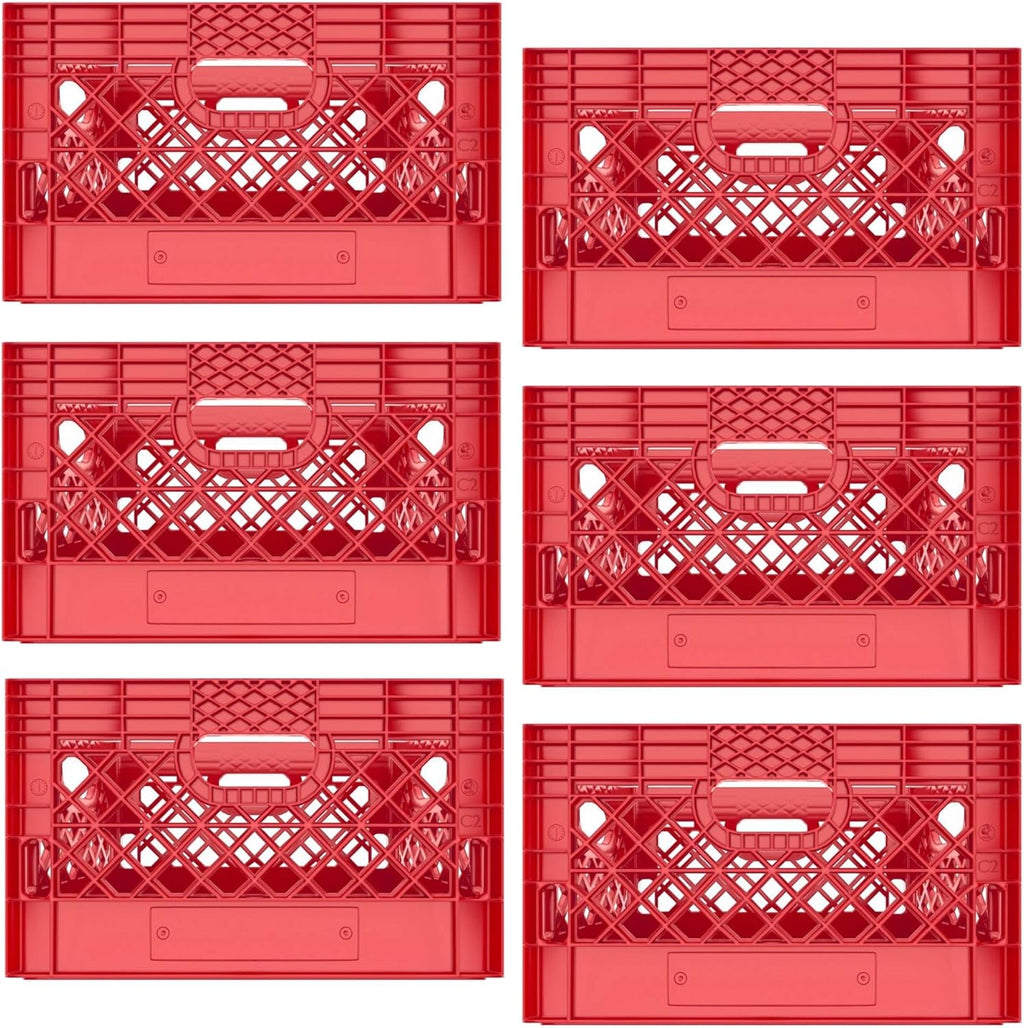 Heavy Duty Plastic Storage Milk Crates, Stackable Utility Organizer Bins, 19x11x13 Inches, 6 Pack, Made in USA, 24 Qt/6 Gallon Capacity (Red)