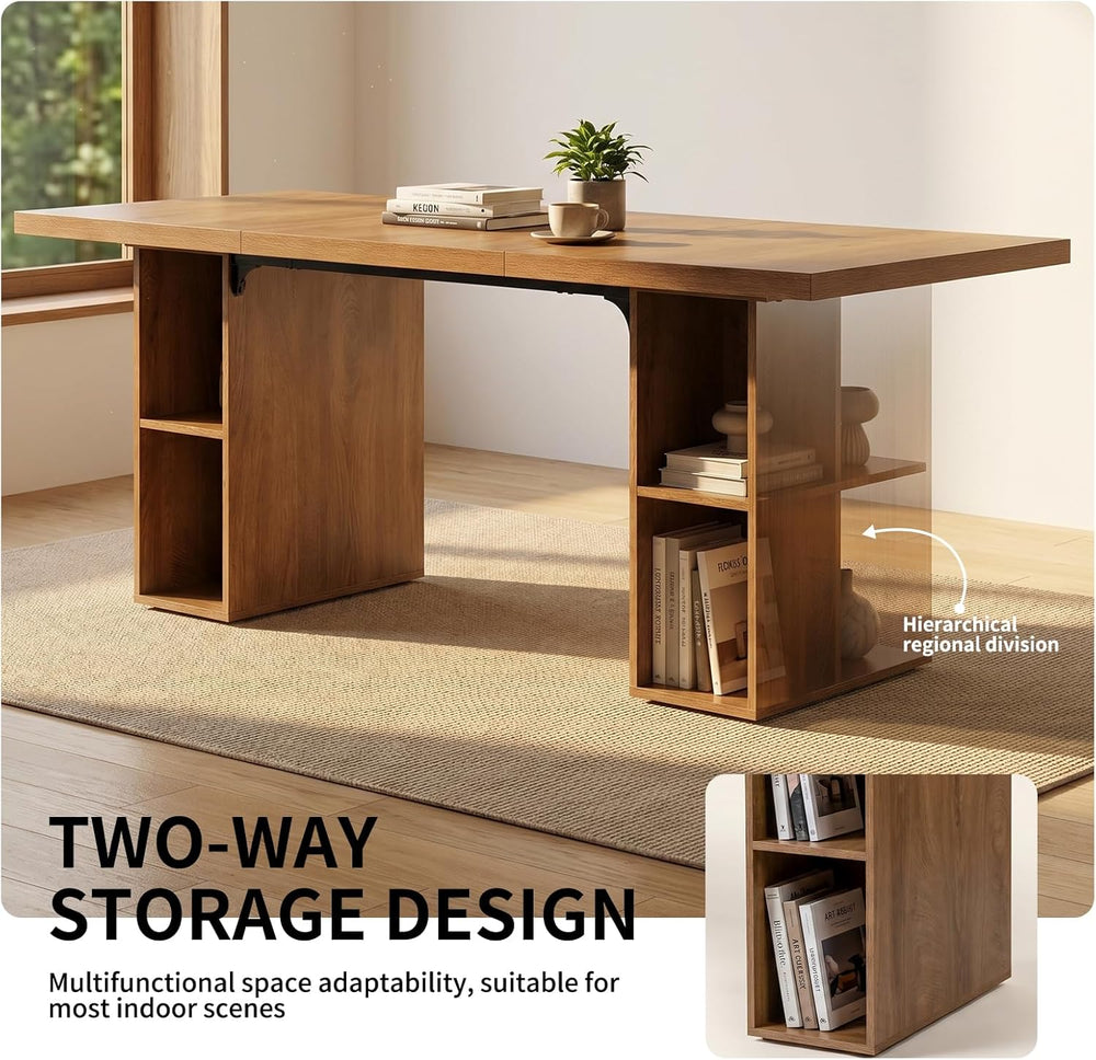 HIPIHOM 70.8'' Large Wooden Dining Table with 6 Open Storage Shelves,...
