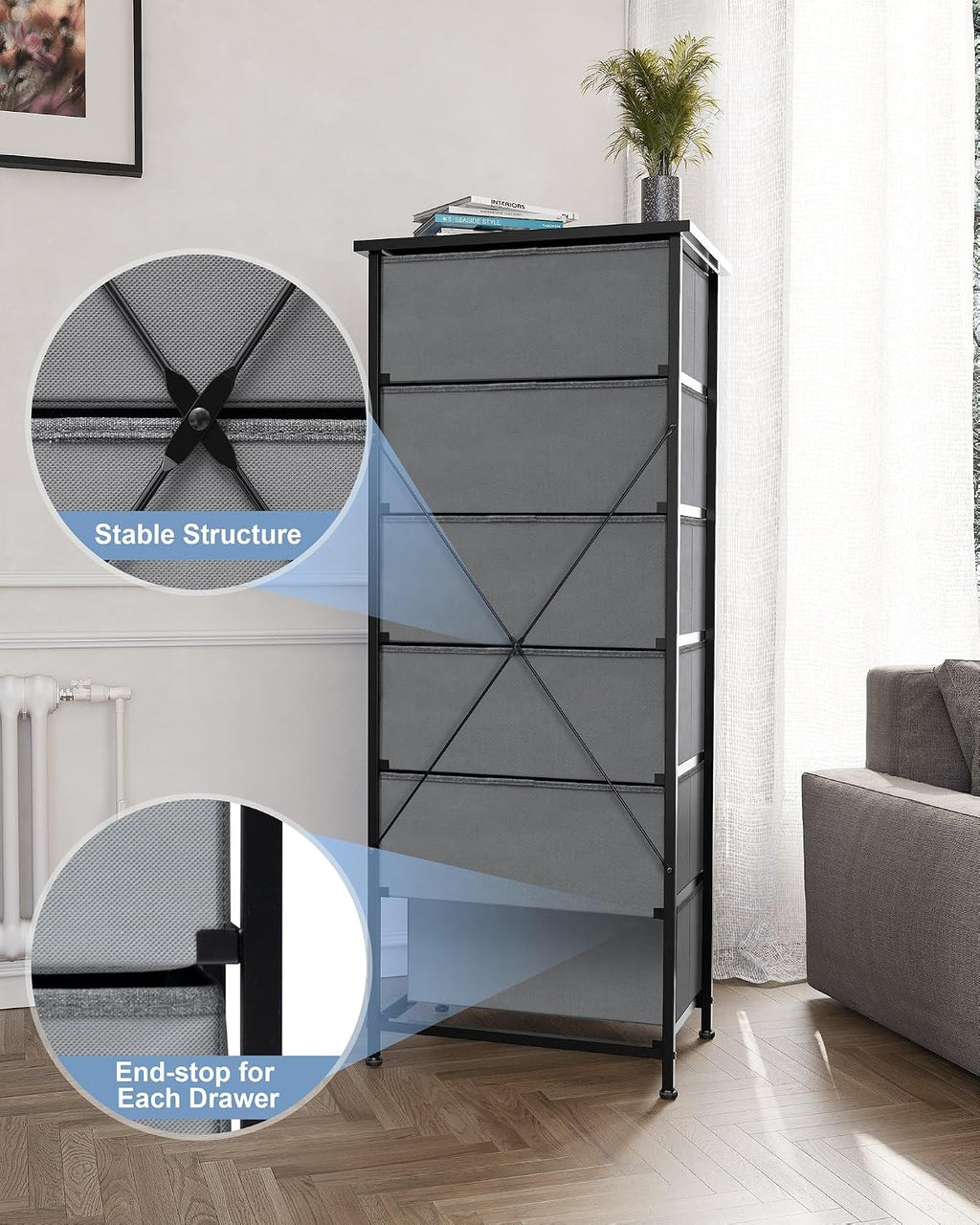 Tall 6-Drawer Fabric Dresser Tower for Closet, Vertical Storage, Gray | Sturdy Steel Frame, Wood Top and Easy Pull Fabric Bins Handles - Organizer Unit for Bedroom, Hallway, Entryway