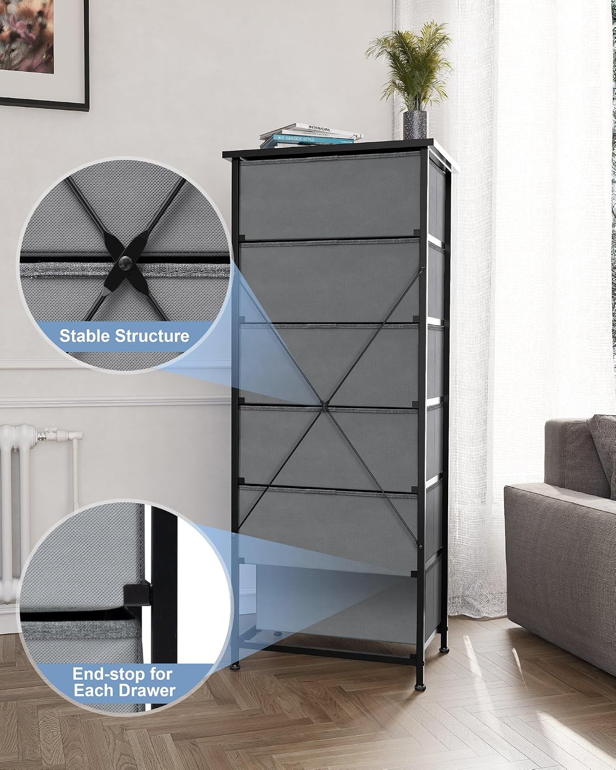 Tall 6-Drawer Fabric Dresser Tower for Closet, Vertical Storage, Gray | Sturdy Steel Frame, Wood Top and Easy Pull Fabric Bins Handles - Organizer Unit for Bedroom, Hallway, Entryway