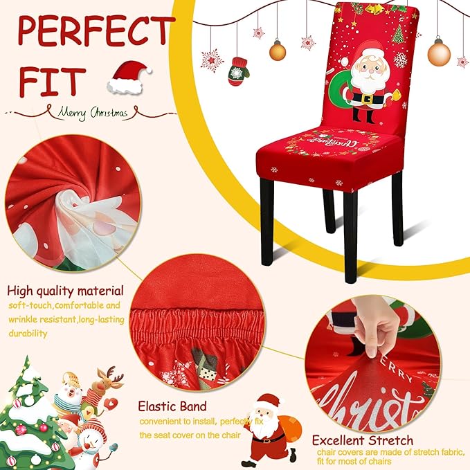 Christmas Chair Covers, Stretch Dining Room Chair Covers Set of 6, Christmas Decoration/Home Decor Chair Protector Slipcovers