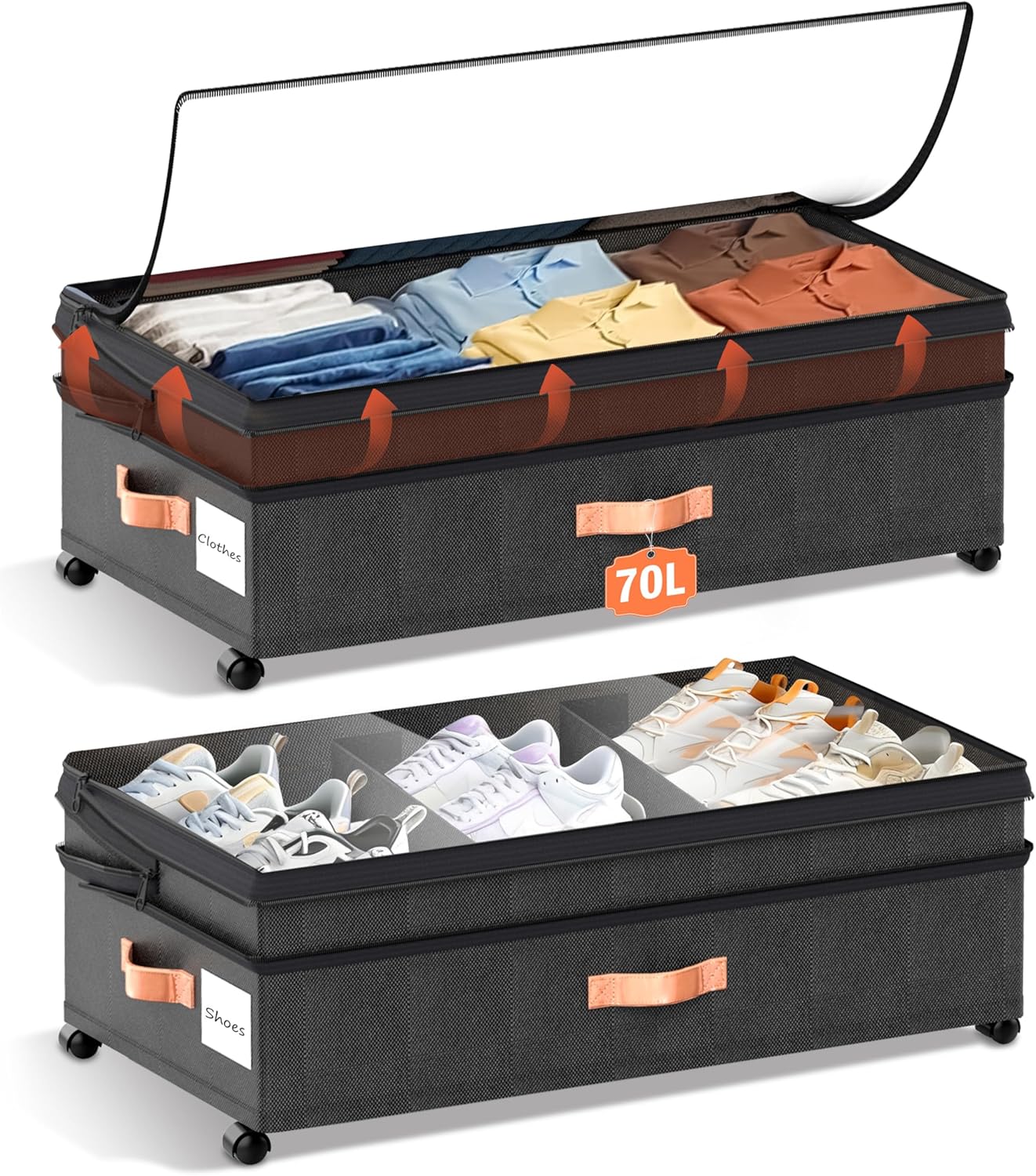 XXL Under Bed Storage with Wheels, 2 Pack 70L Extra Large Rolling Organizer, Heavy-Duty Foldable Storage Container with Lids, Fits 10" Clearance, Black