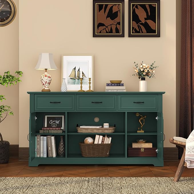 ARTPOWER TV Stand with 3 Drawers for TV up to 65'', Wood Mid Century Television Cabinet with Adjustable Shelves, Entertainment Center with Storage, Console for Living Room, Green