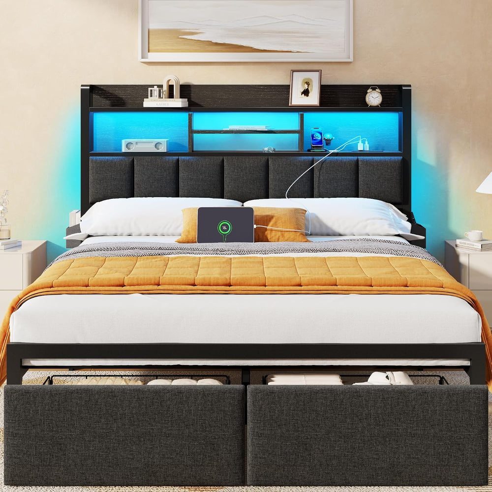 Furnulem Full Size Bed Frame with Headboard, Drawers, Charging Station, LED