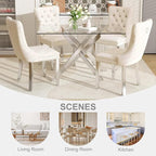 51 Inch Glass Dining Table Set for 4, Rectangular Glass Kitchen Table with 4 Upholstered Velvet Accent Chairs, 5 Piece Modern Dining Room Set, for Home, Apartment, Small Spaces - Beige Silver