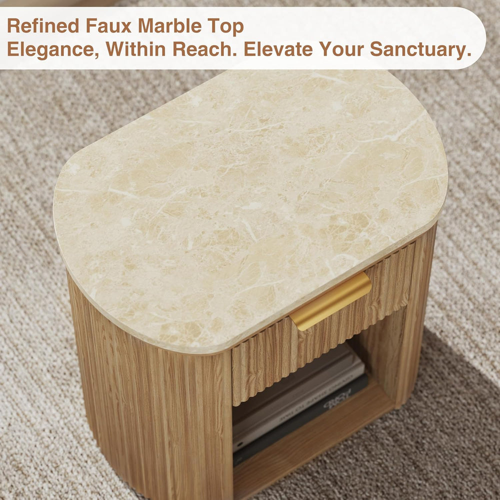 Fluted Marble Nightstand Set of 2 23.6"Large Round Bedside Table Oak,Boho