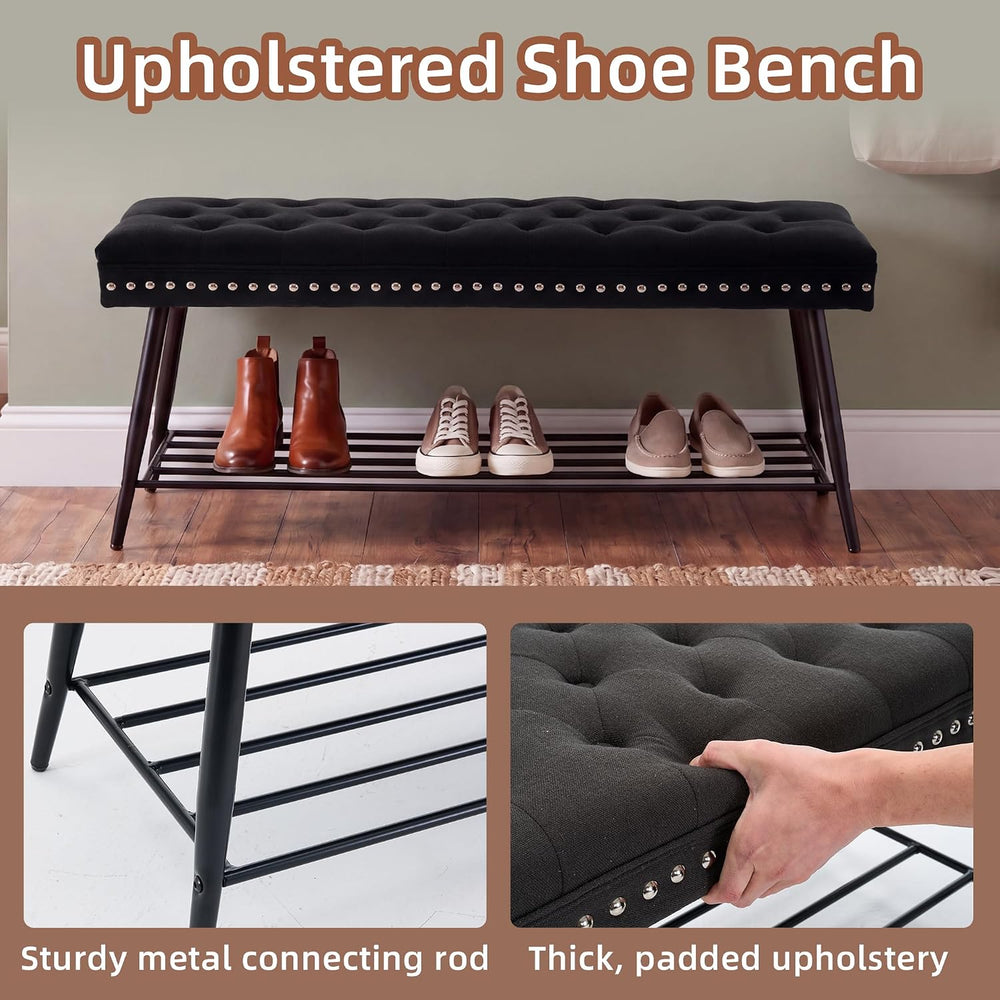Mistpople Thick Cushioned Shoe Bench, Entryway Bench with Metal Shoe Rack, Up...