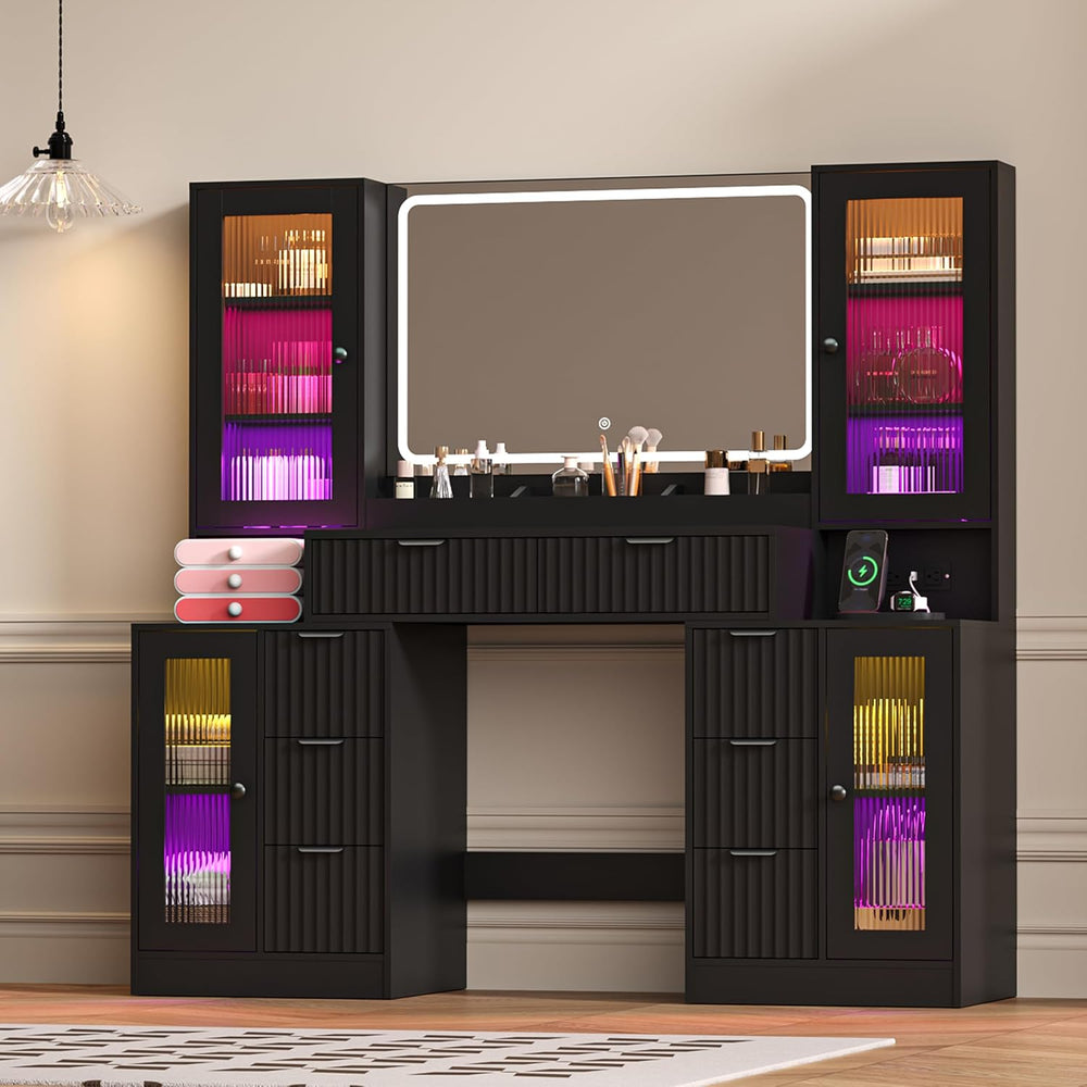 Fluted Makeup Vanity Desk with Mirror and Lights, 55" Glass Top Vanity w...