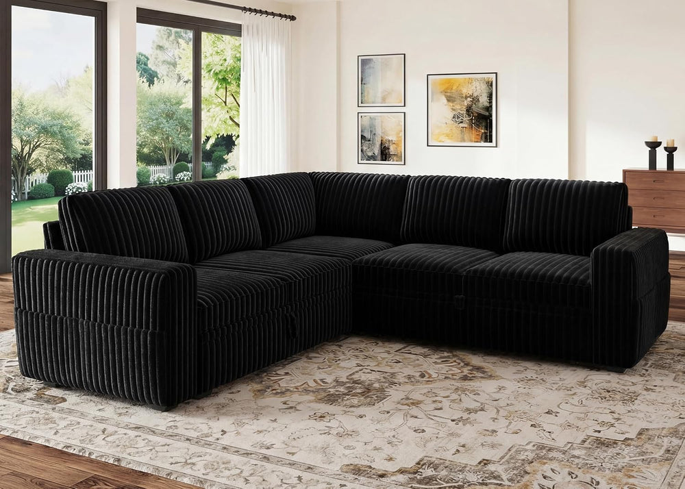 HONBAY Modular Sectional Sleeper Sofa with Pull Out Bed,Corduroy L Shaped Cou...