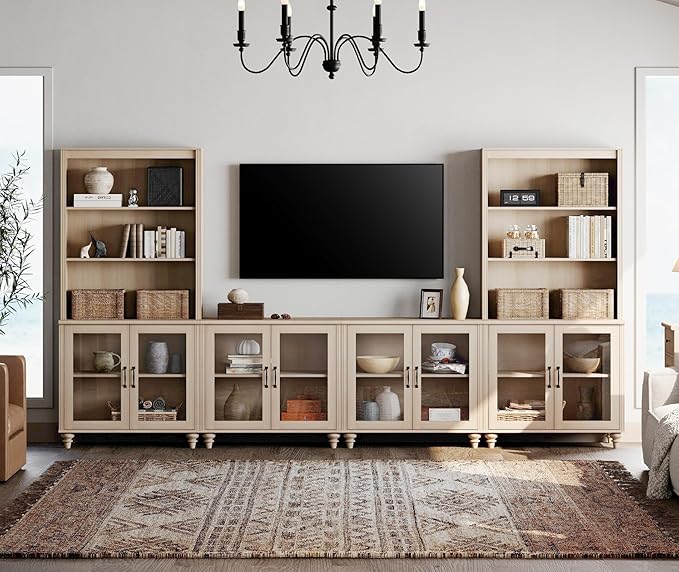 WAMPAT Entertainment Center with Bookshelves for TVs up to 75", Farmhouse Wall Unit TV Stand with Glass Doors, Media Console Table for Living Room, Bedroom & Home Theater, Light Oak