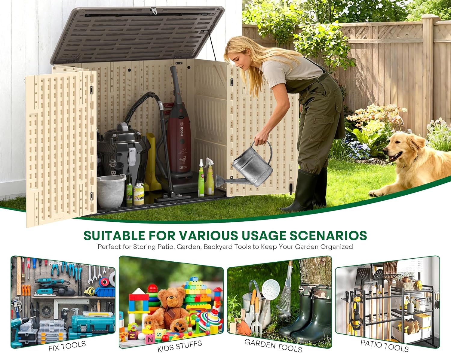 30 Cu.Ft Outdoor Storage Shed, Multi-Purpose Weather-Resistant Utility Shed for Garbage Cans, Lawn Mower, Garden Tools, Waterproof Resin Horizontal Cabinet with Pad-Lockable Doors (Khaki)